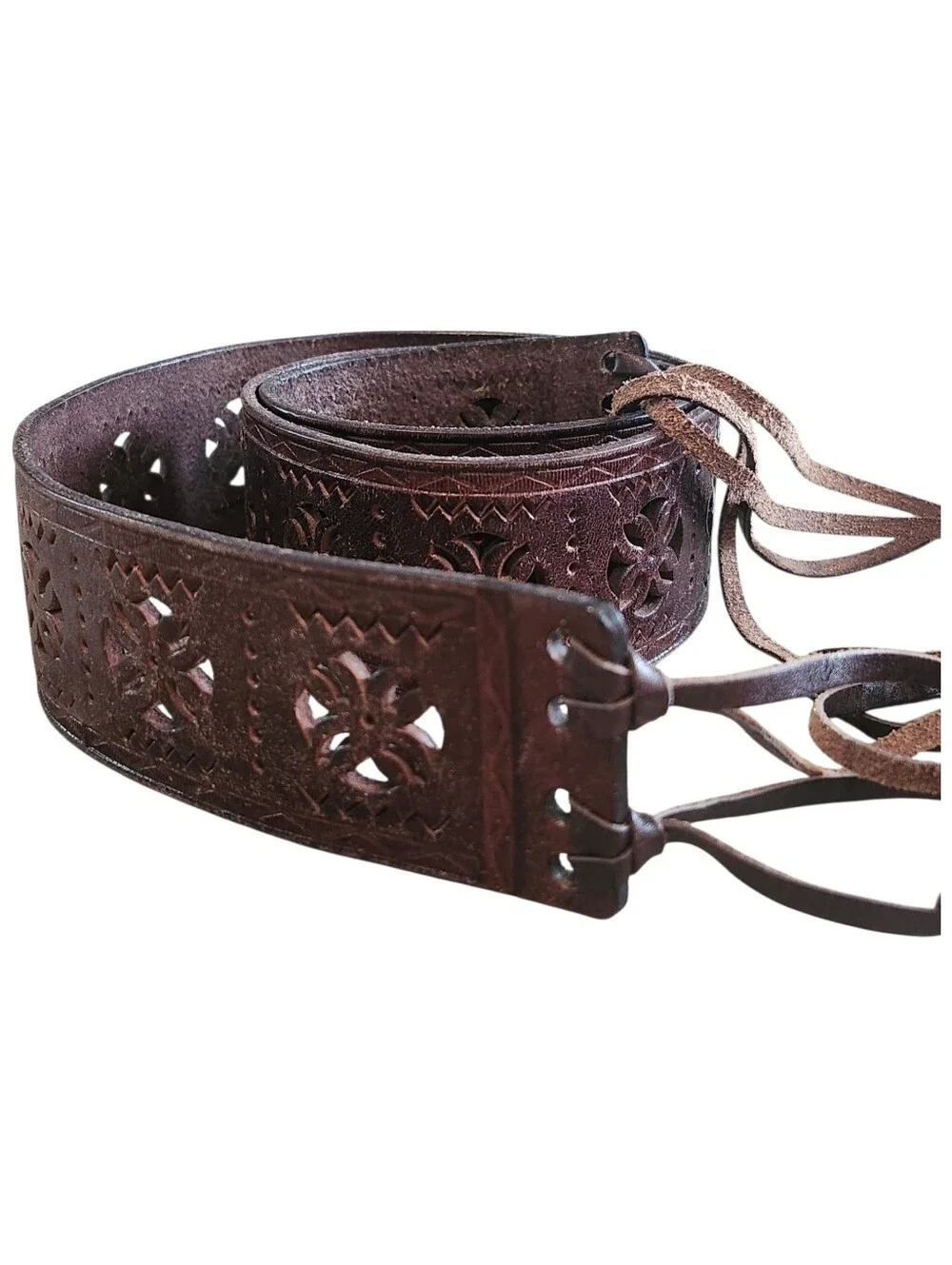 Boho Wide Tooled Brown Leather Corset Belt Lace Up Floral Cutout